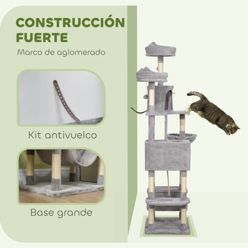 PawHut Árbol Rascador para Gatos Grande Altura 206 cm con Múltiples Niveles Cuevas Bolas Colgantes y Hamacas Gris