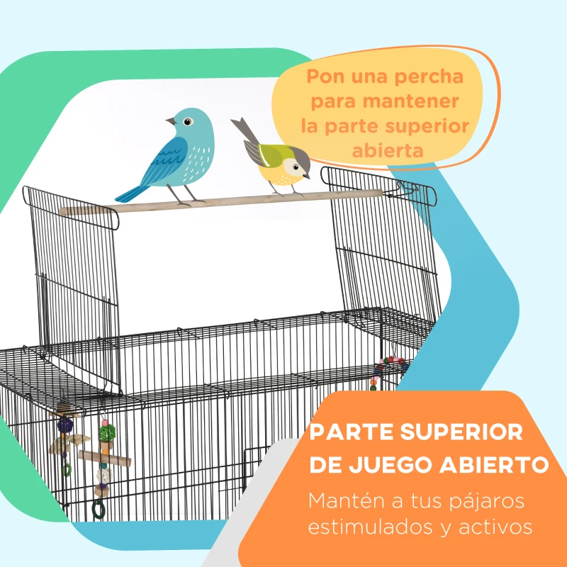 PawHut Jaula para Pájaros con Ruedas Comederos Perchas Bandeja Extraíble y Estante Inferior 97x58x160 cm Negro