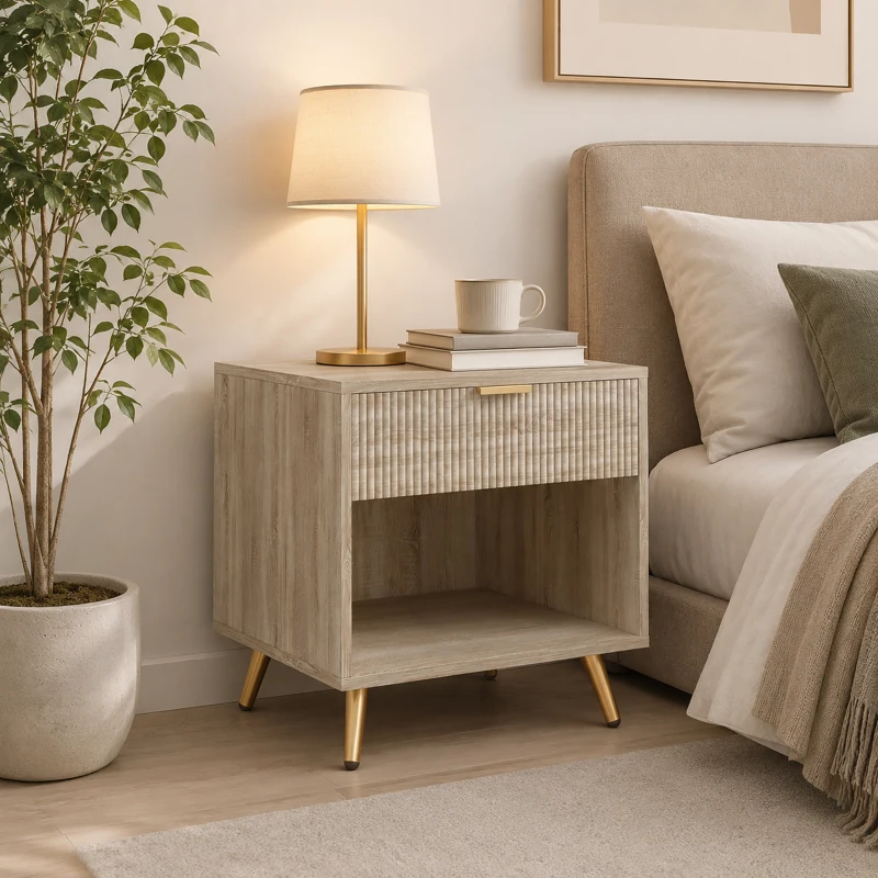 HOMCOM Bedside Table with Drawer and Open Compartment, Nightstand with Handle for Bedroom, Living Room, Natural Wood Finish