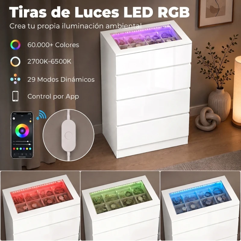 HOMCOM Cómoda de 4 Cajones con Joyero Encimera de Vidrio Templado Luces LED y Control Bluetooth Blanca