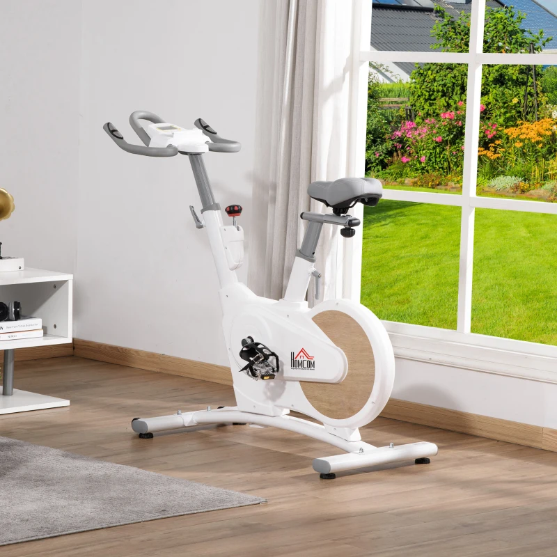 HOMCOM Bicicleta Estática Bicicleta de Fitness Ciclo Indoor con Asiento y Manillar Ajustables en Altura Resistencia 8 kg Variable Pantalla LCD Pulsómetro y Ruedas para Hogar 125x50x98-107 cm Blanco
