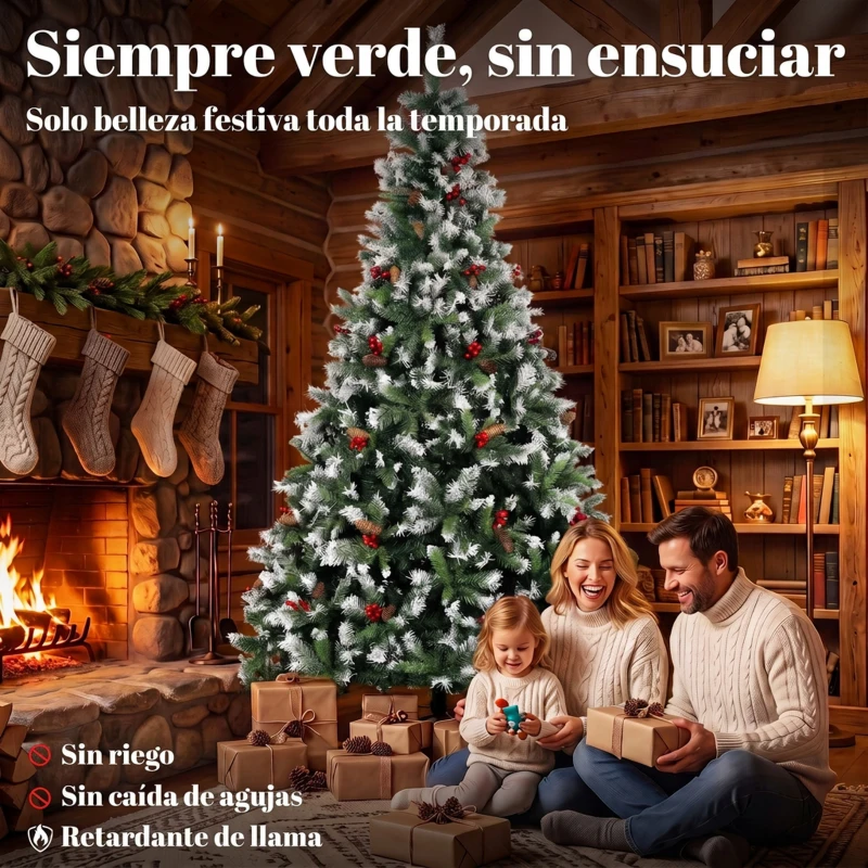 HOMCOM Árbol de Navidad Artificial Nevado 240 cm con 1773 Ramas Bayas Rojas Piñas Base de Acero Plegable Montaje Rápido Verde