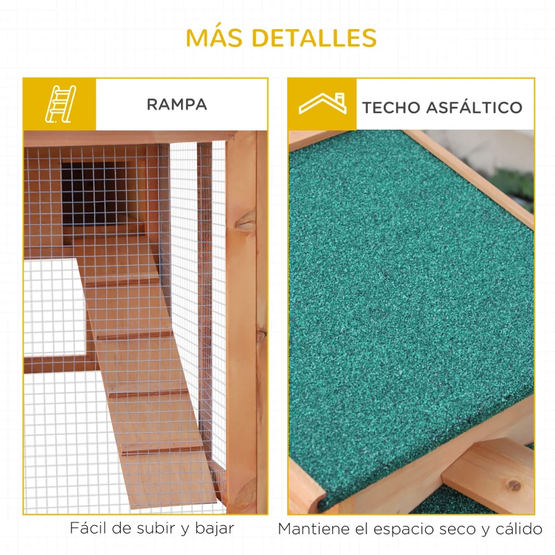 PawHut Jaula para Conejos Grande 145x45x85 cm con Techo Asfáltico Bandeja Extraíble Escalera  para Exterior Natural