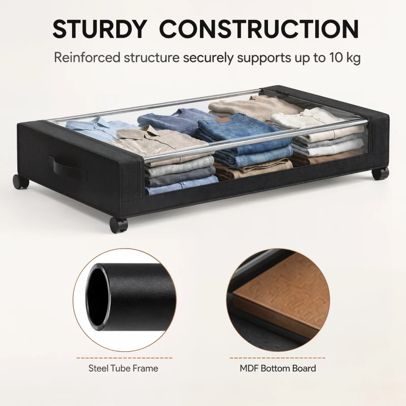 HOMCOM 40L Under Bed Storage On Wheels Pack of 2, Fabric Rolling Under Bed Drawers with Clear Lid, Zip, Steel Frame, Black