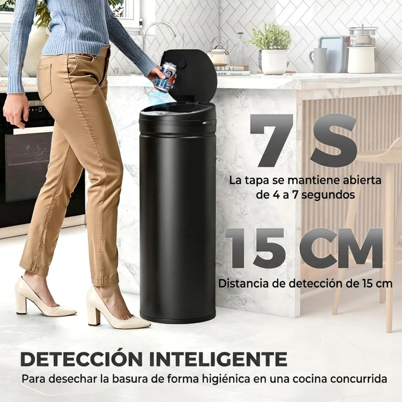 HOMCOM Cubo de Basura Cocina Automático 50 L Sensor Infrarrojo Cierre Automático Antihuellas Acero Inoxidable Negro