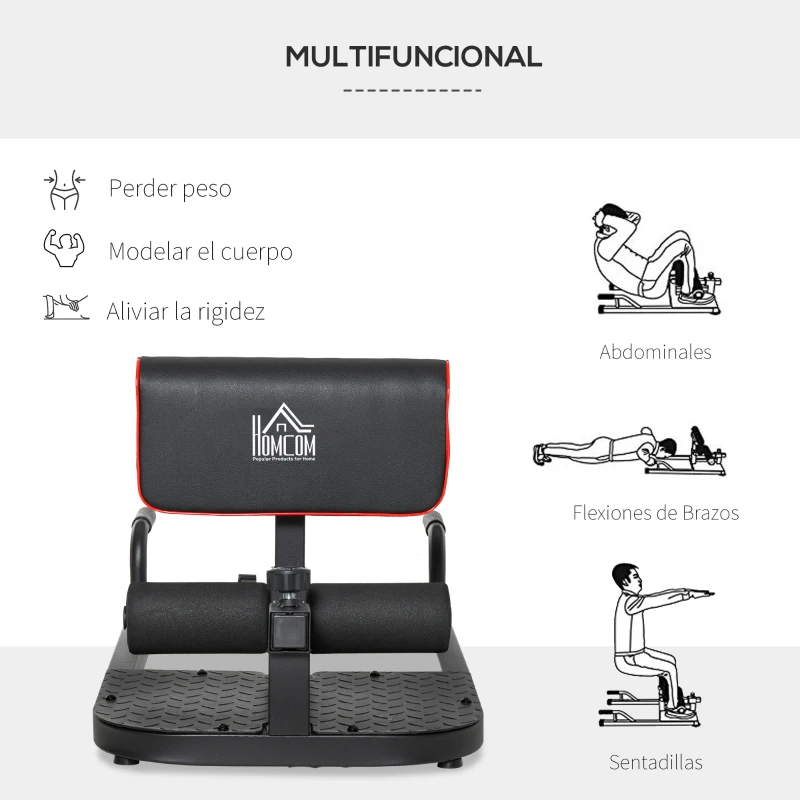 HOMCOM 3-en-1 Máquina Equipo de Sentadilla para Ejercicios Abdominales Tablero Supino Multifuncional Máquina de Piernas Ayuda en Cuclillas Negro
