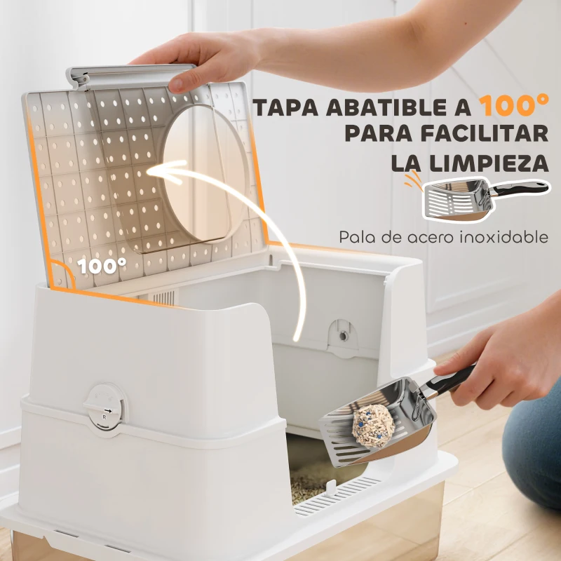 PawHut Arenero para Gatos de Acero Inoxidable XL con Tapa Abatible Laterales Altos Pala Fácil de Limpiar Antifugas Gris Claro