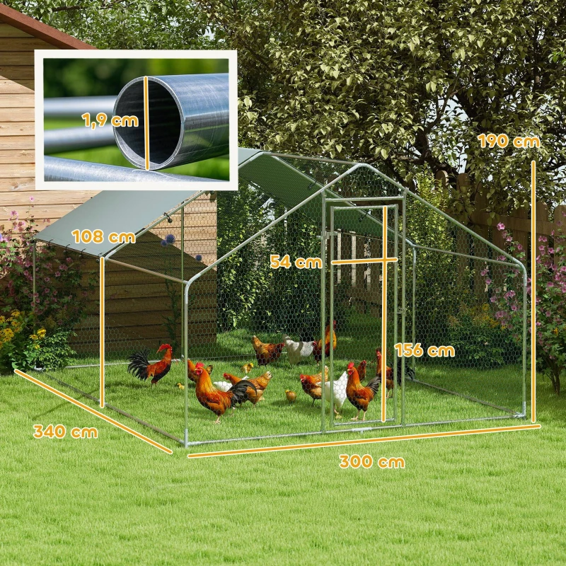 PawHut Kippenverblijf, groot metalen kippenverblijf met water- en UV-bestendige afdekking, kooi voor 10-15 kippen, 3 x 3,4 x 1,9 m
