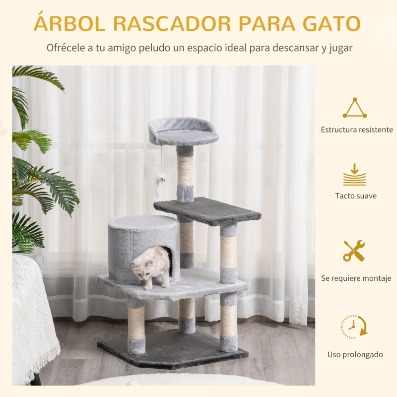 PawHut Torre para Gatos con Plataformas Casetas Ratón de Juego Postes para Rascar y Cubierto de Felpa 48x48x100 cm Gris