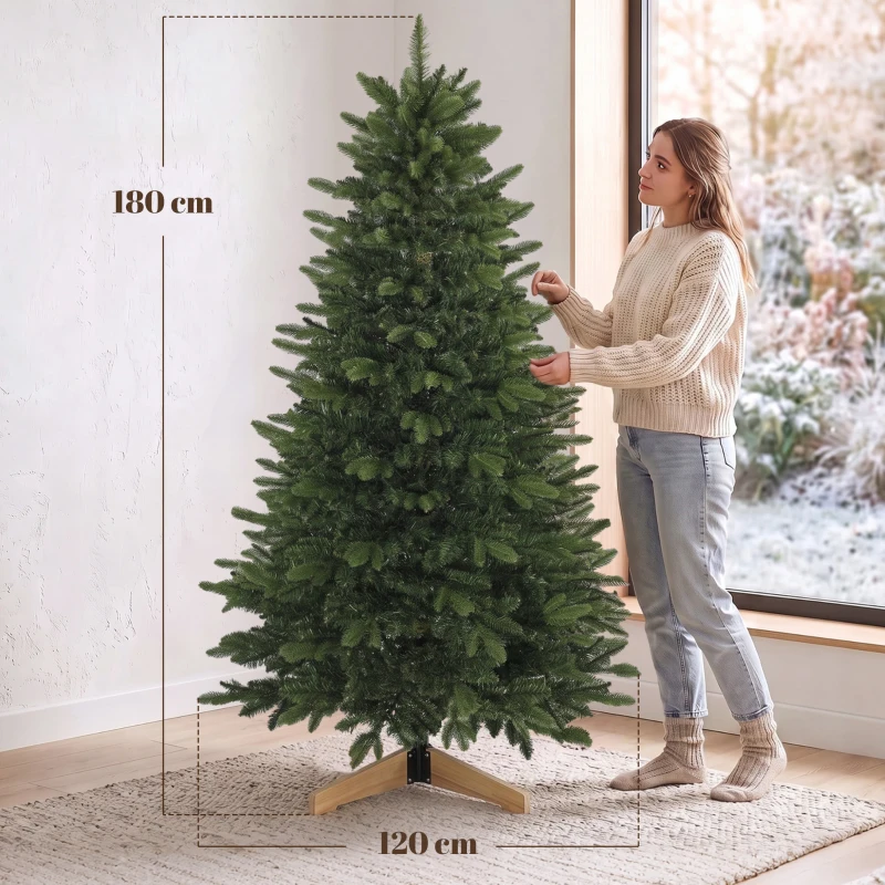 HOMCOM Sztuczna choinka 180 cm, jodła Fraser ze stojakiem drewnianym, 988 realistycznych końcówek gałęzi do domu i biura, zielona