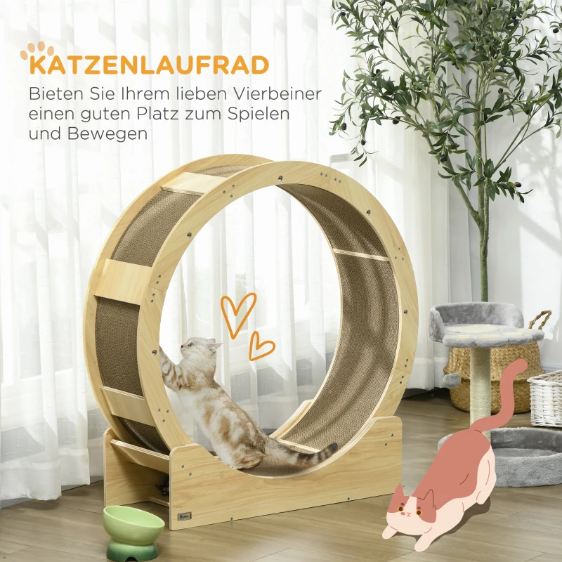PawHut Kattenlooprad 91 cm Met Rem, Krabpad, Eiken