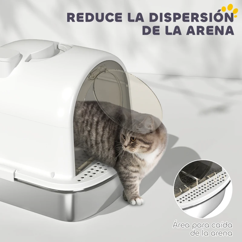 PawHut Arenero para Gatos de Acero Inoxidable con Cubierto Bolsa Desodorizante Pala Fácil de Limpiar 52,4x41,3x39,9 cm Blanco