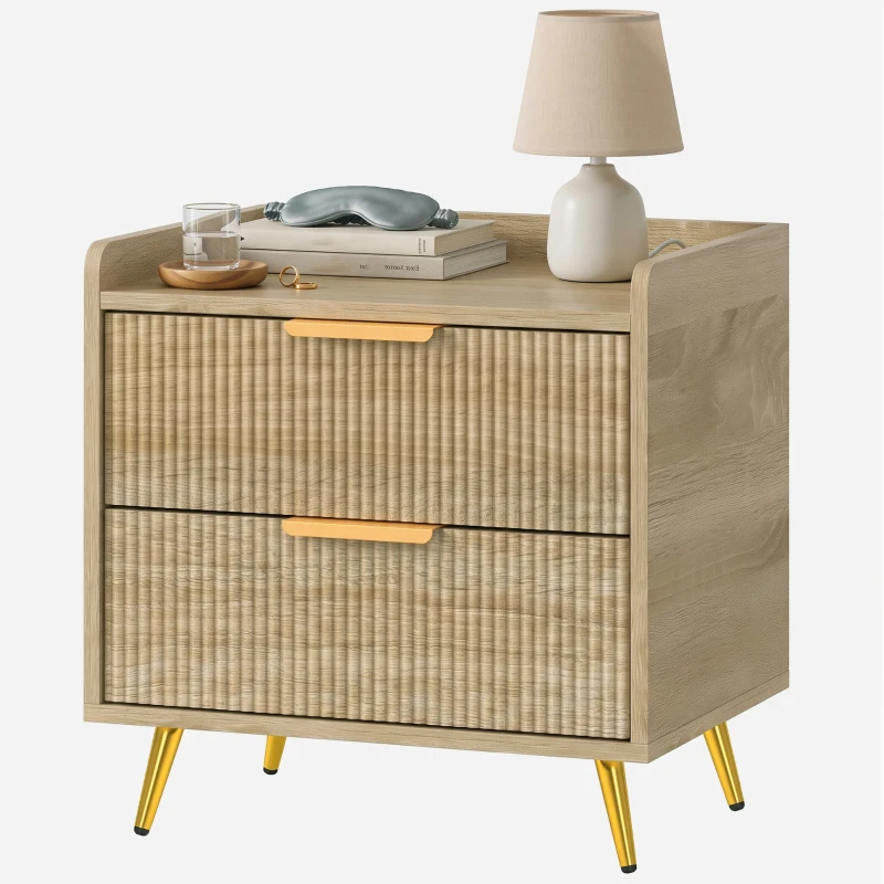 HOMCOM Bedside Table with 2 Drawers, Side End Table with Metal Legs for Bedroom, Living Room, Natural Wood Finish