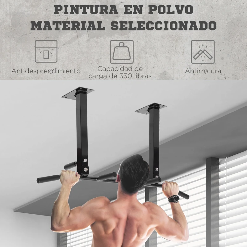 HOMCOM Barra de Dominadas en Techo Barra para Dominadas de Acero Barra de Tracción para Entrenamiento Casa 105,5x28x49 cm Negro