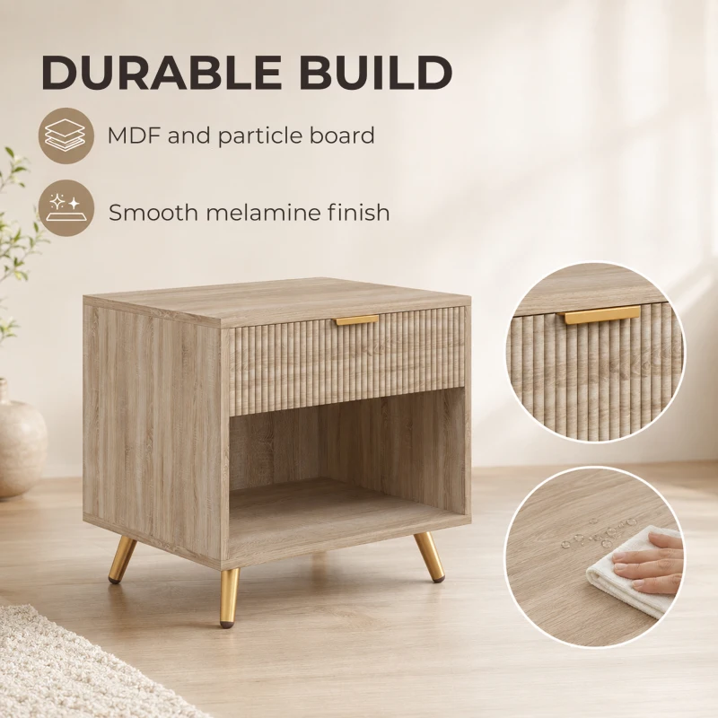 HOMCOM Bedside Table with Drawer and Open Compartment, Nightstand with Handle for Bedroom, Living Room, Natural Wood Finish