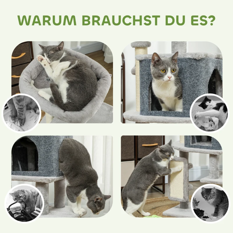 PawHut Kratzbaum 104 cm Katzenbaum mit Katzenhöhle Bett Sisal-Kratzsäulen Kratzbrett Plüschbälle für Katzen bis 5 kg Hellgrau