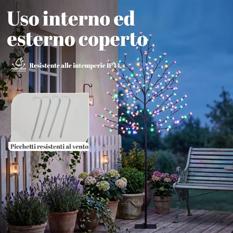 HOMCOM Albero di Natale di Ciliegio Alto 180 cm con Luci LED, 20 Rami e Timer Giornaliero, Nero