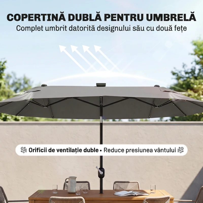 Outsunny Umbrelă dublă cu bază în formă de cruce și lumini solare, 295x150x219cm, gri