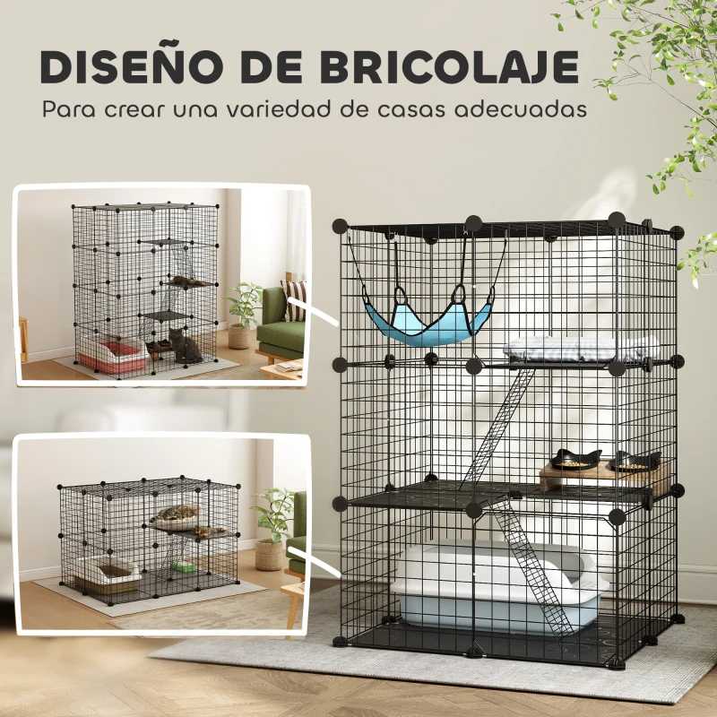 PawHut Jaula para Gatos Interior de 3 Niveles Recinto de Acero para Gatos con 3 Puertas 2 Escaleras Hamaca 70x70x105 cm Negro