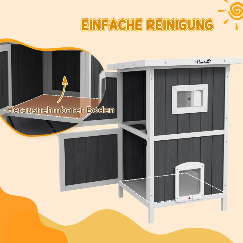 PawHut Katzenhaus Katzenhütte Katzenhöhle, Outdoor, wetterbeständig, 60 x 60 x 90, 5 cm, Grau + Weiß