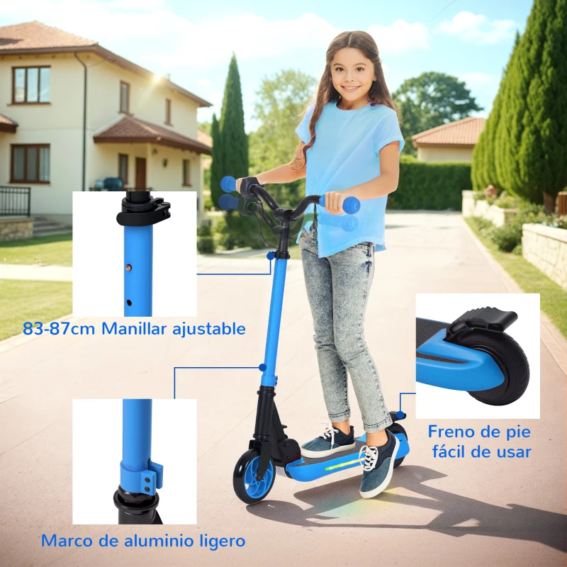 SPORTNOW Patinete Eléctrico Plegable de +6 Años Motor 120 W Autonomía 6 KM MAX 10 KM/H Ruedas de 5" - 5,5" Altura Ajustable Azul