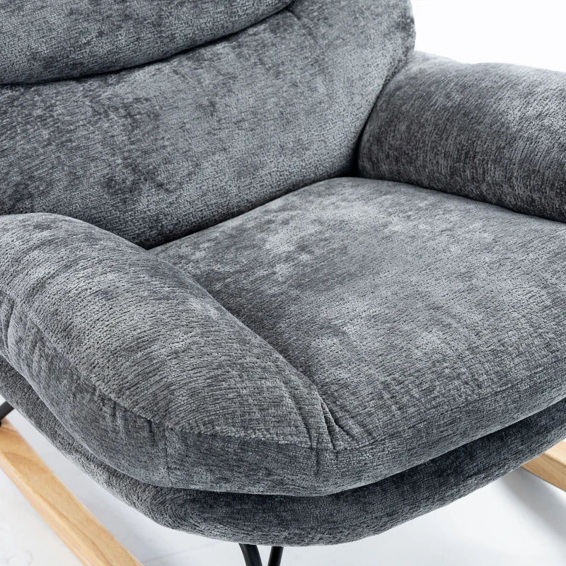 HOMCOM Schommelstoel van chenille, fauteuil voor kleermakerszit met dubbellaags kussen, zachte rugleuning en onderstel van rubberhout, donkergrijs