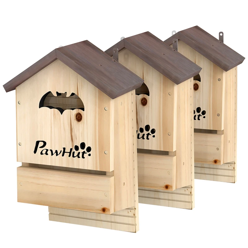PawHut Vleermuiskasten 3-delige set van dennenhout vleermuizenhuis om op te hangen voor tuinen, 21,5 x 11,5 x 34 cm