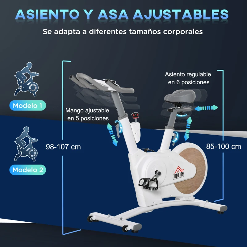 HOMCOM Bicicleta Estática Bicicleta de Fitness Ciclo Indoor con Asiento y Manillar Ajustables en Altura Resistencia 8 kg Variable Pantalla LCD Pulsómetro y Ruedas para Hogar 125x50x98-107 cm Blanco