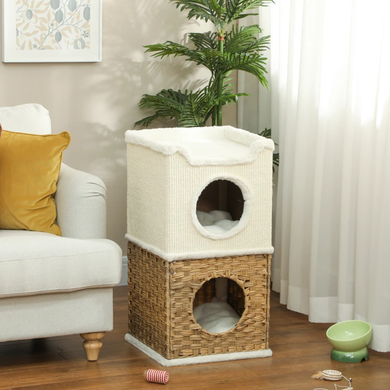 PawHut Kratztonne 75,5 cm Hoch dreistöckige mit Plüschrand, Kissen, Katzenhöhle, für mittelgroße Katzen, Cremeweiß