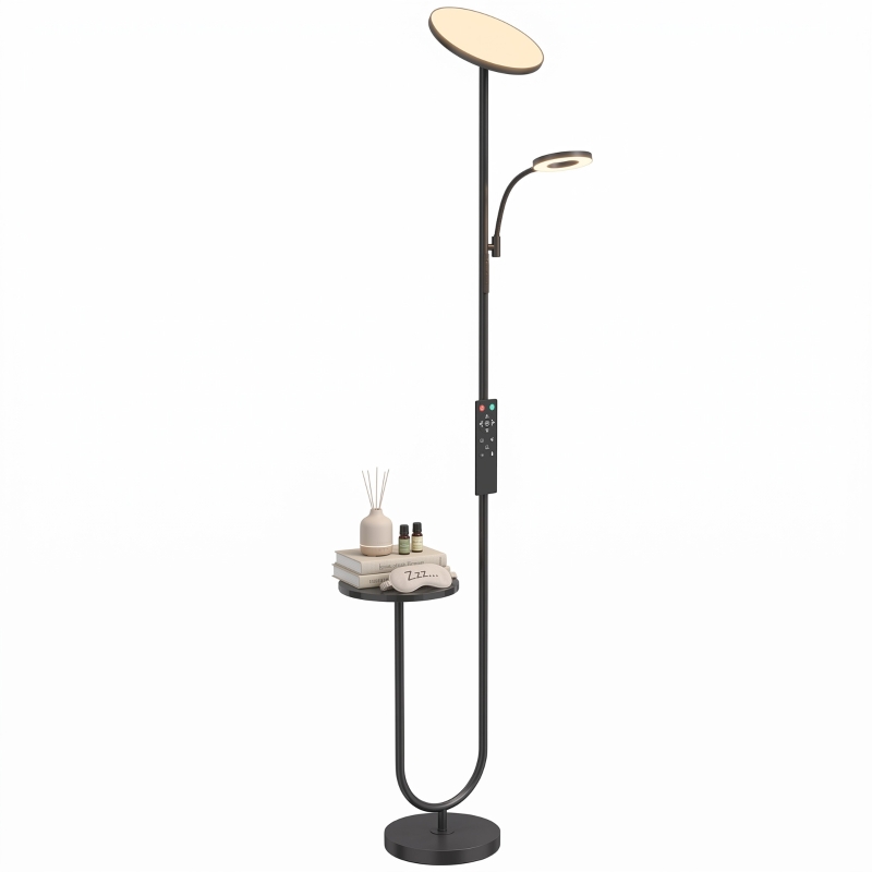 HOMCOM LED-Stehleuchte dimmbar 42 W 4840 lm verstellbare Leselampe & Ablage Stehleuchte für Wohnzimmer 2700K-6000K magnetische Fernbedienung Schwarz