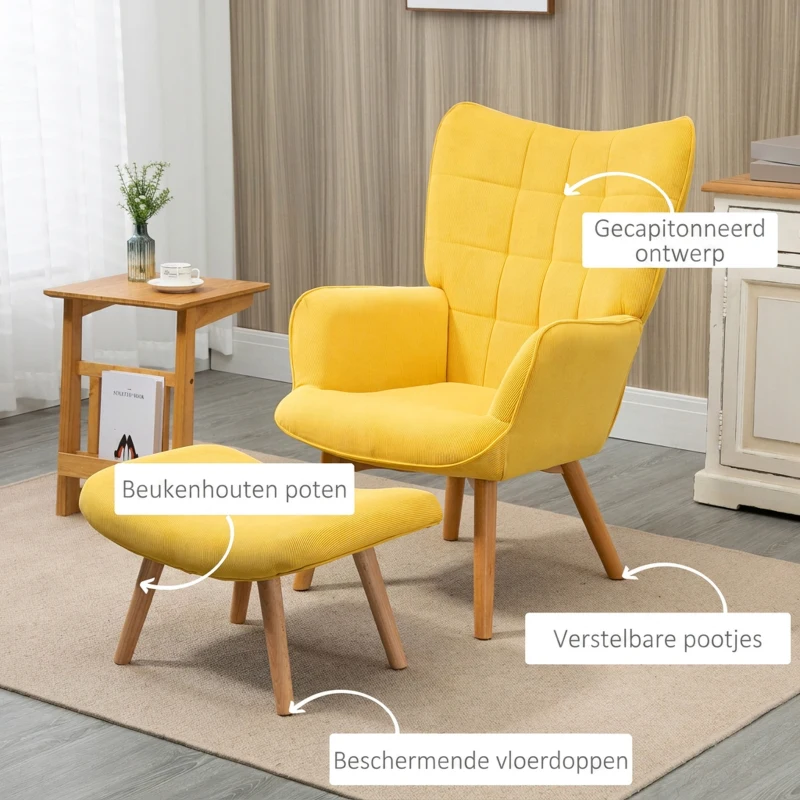 HOMCOM Fauteuil scandi accent met voetenbank, fauteuilset, beukenhout, corduroy-look, geel