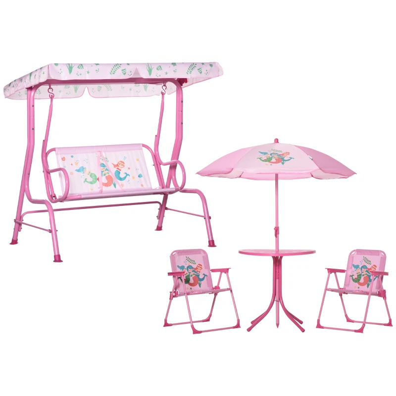 Outsunny 4-teiliges Gartenmöbel-Set für Kinder, mit Hai-Motiv, 1 Hollywoodschaukel, 2 Stühle, 1 Sonnenschirm mit Tisch, Rosa