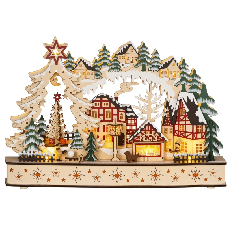 HOMCOM Village de Noël lumineux, village de Noël animé en bois, avec 20 LED, paysage enneigé, 45L x 12l x 30H cm, bois naturel