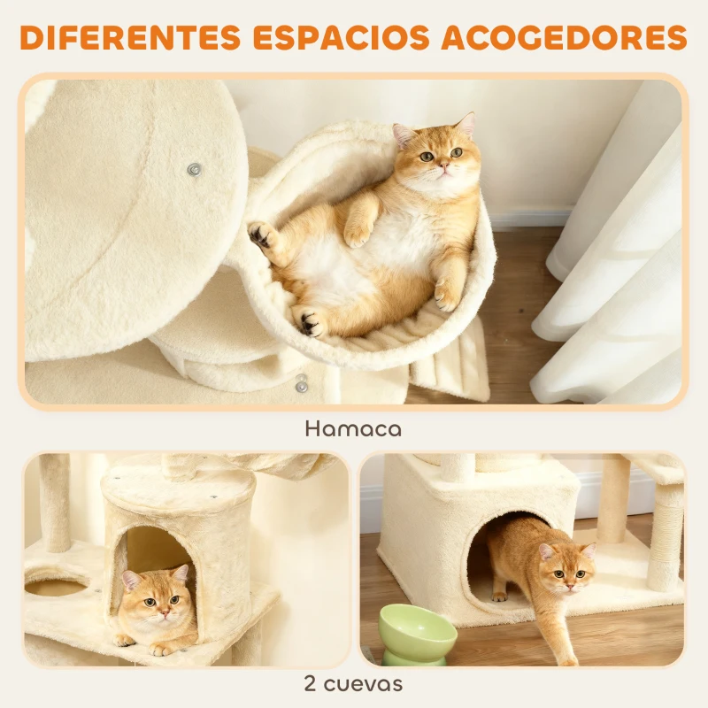 PawHut Árbol Rascador para Gatos Grande Altura 170 cm con 7 Postes 1 Túnel 3 Plataformas 2 Cuevas 1 Hamaca Beige