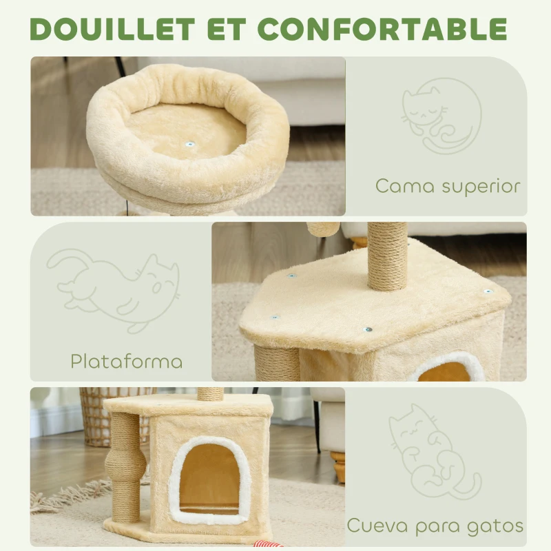 PawHut Árbol para Gatos Altura 66 cm Torre para Gatos con Cama Cueva Plataforma Bola Colgante y Poste de Yute Beige