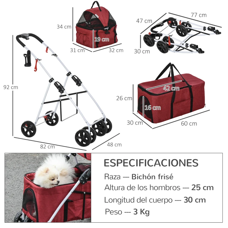 PawHut Cochecito para Mascotas Plegable con Solo un Clic Carrito para Perros Desmontable con 2 Niveles Ruedas Giratorias Frenos Ventana y Bolsillos 82x48x92 cm Rojo