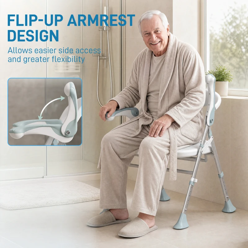 HOMCOM Foldable Shower Chair with Flip-Up Armrests, Shower Stool with Adjustable Height, Tool-Free Assembly, 136 kg