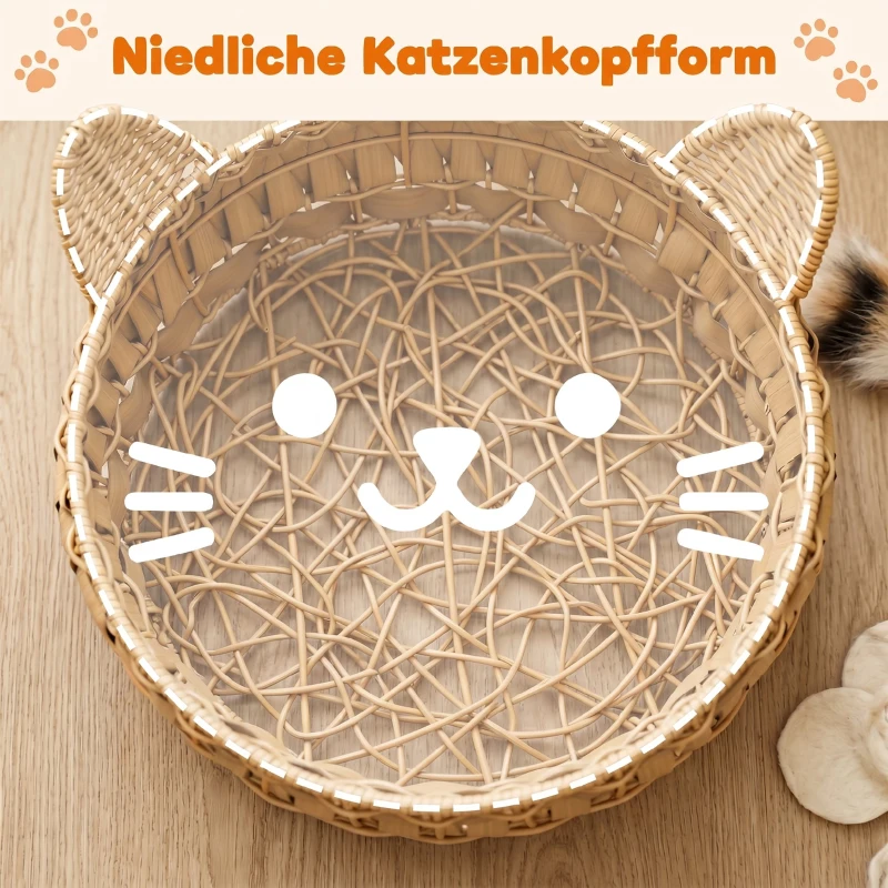 PawHut Rattan kattenmand met afneembaar kussen, kattenhol voor katten tot 10 kg, 50 x 50 x 25 cm, lichtbruin