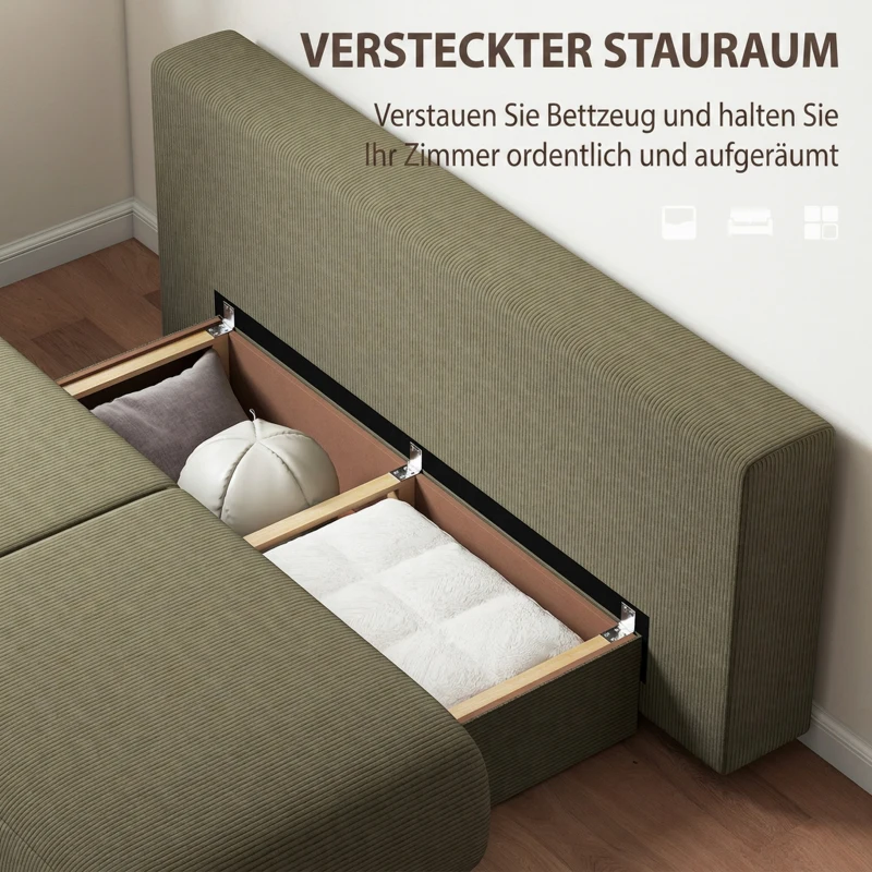 HOMCOM Slaapbank met verstelbare rugleuning, bedfunctie, verborgen opbergruimte en cordbekleding, donkergroen