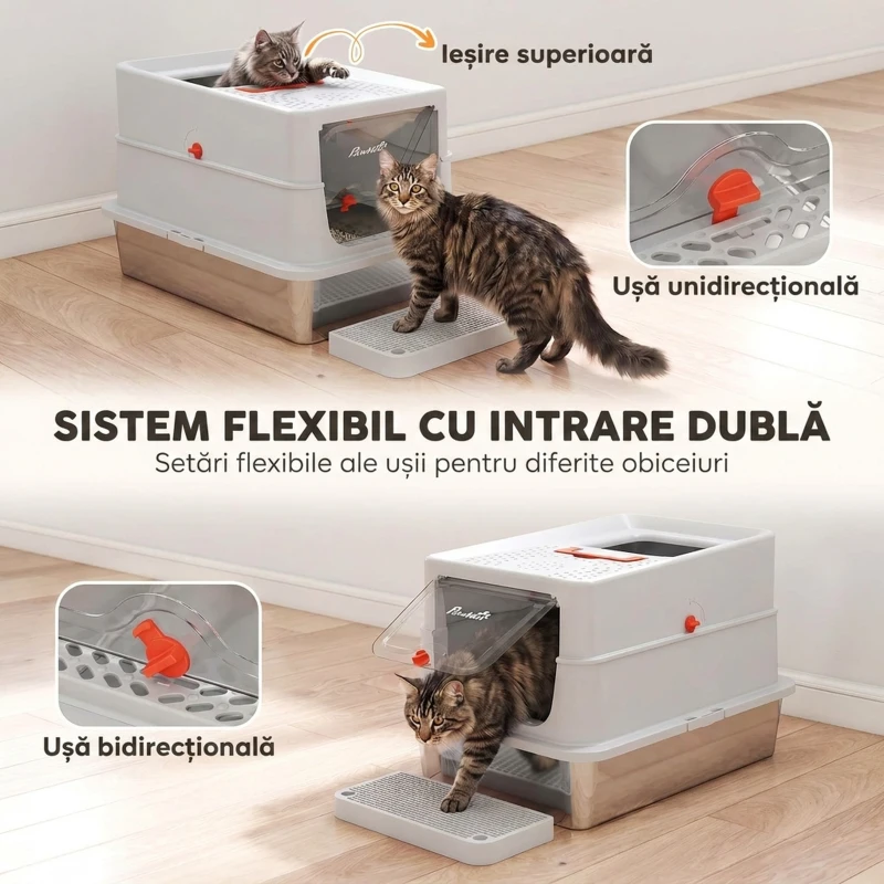 PawHut Litieră pentru Pisici din Oțel Inoxidabil, Închisă, Antimiros, XXL, Gri Deschis