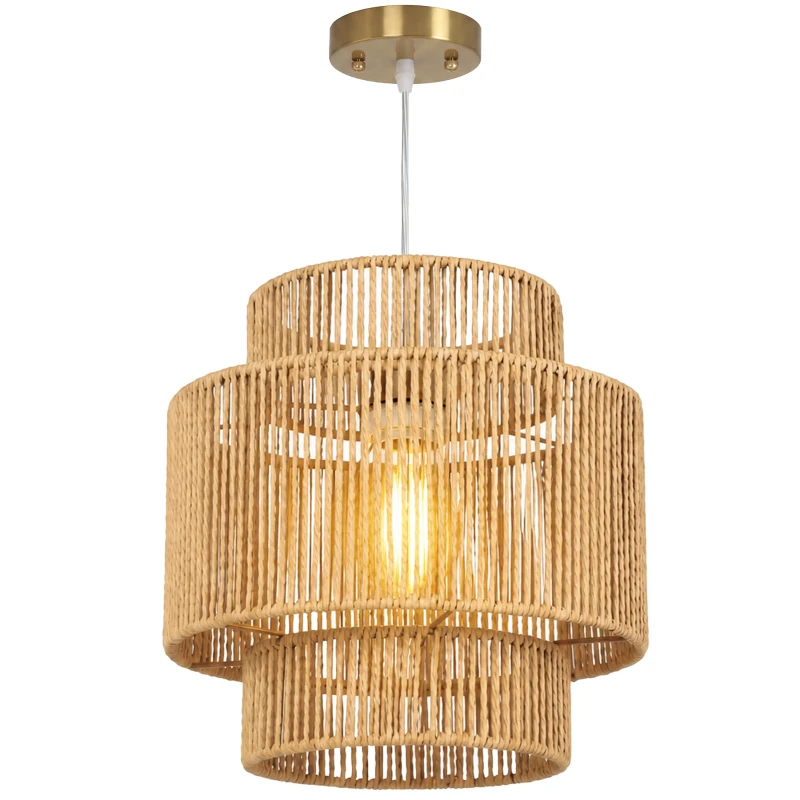 HOMCOM Hanglamp, driedelige lampenkap, metaal, henneptouw, lichtbruin