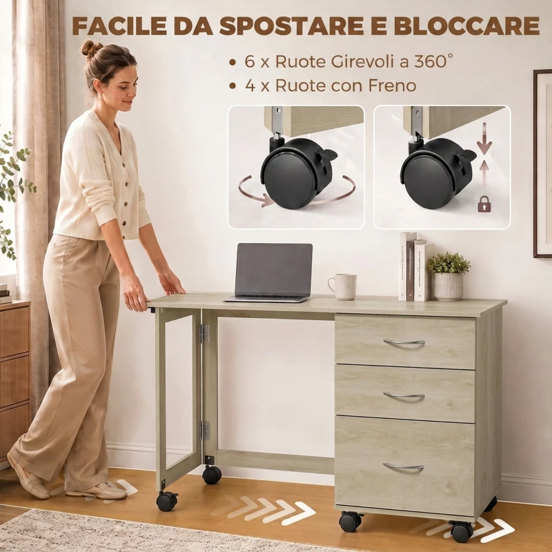 HOMCOM Scrivania da Ufficio Pieghevole con 3 Cassetti e 4 Ruote con Freno, Rovere