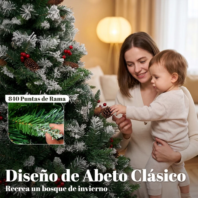 HOMCOM Árbol de Navidad Artificial Nevado 180 cm con 840 Ramas Bayas Rojas Piñas Base de Acero Plegable Montaje Rápido Verde