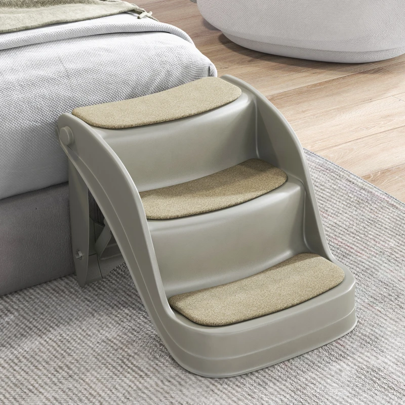 PawHut Escalera para Perros Pequeños Plegable 3 Peldaños Escalones para Perros con Alfombras Antideslizantes 49x38x38 cm Gris