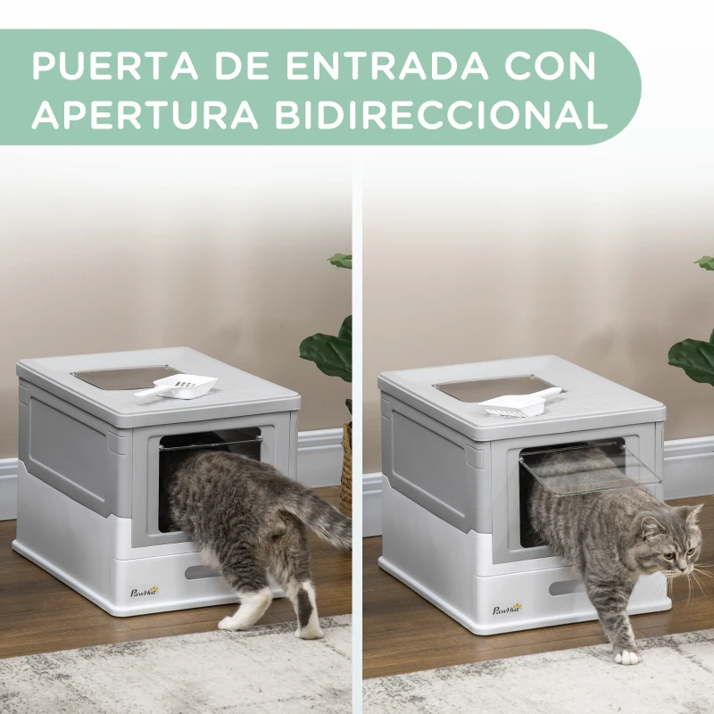 PawHut Arenero Cubierto para Gatos Desmontable con Entrada Frontal y Salida Superior con Pala 47,5x35,5x36,7 cm Gris y Blanco