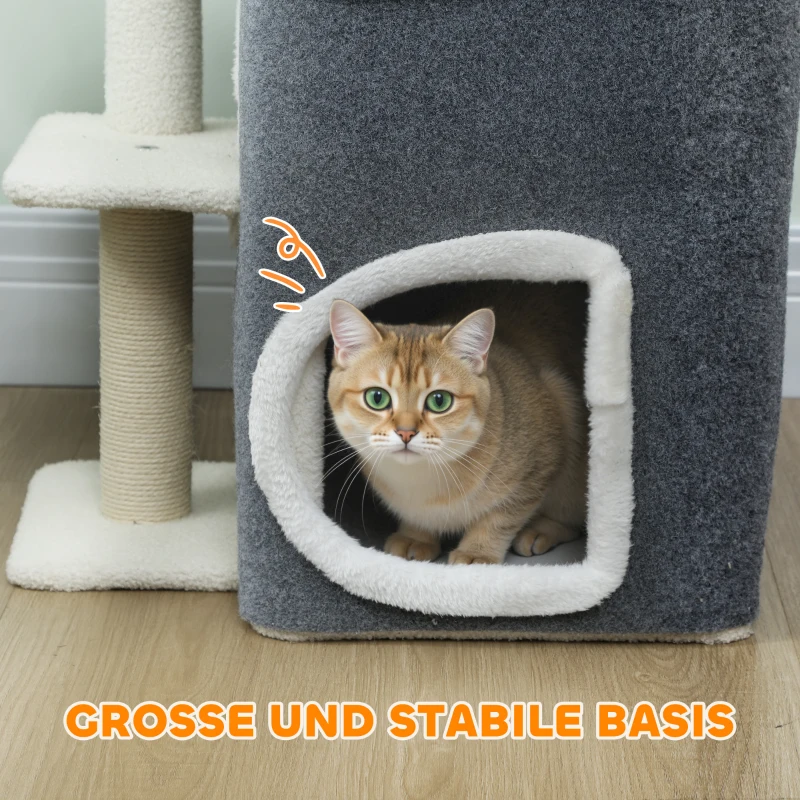 PawHut Katzenkratzbaum, Top-Liegefläche, 2-stöckiges Haus, Sisalpfosten, Grau