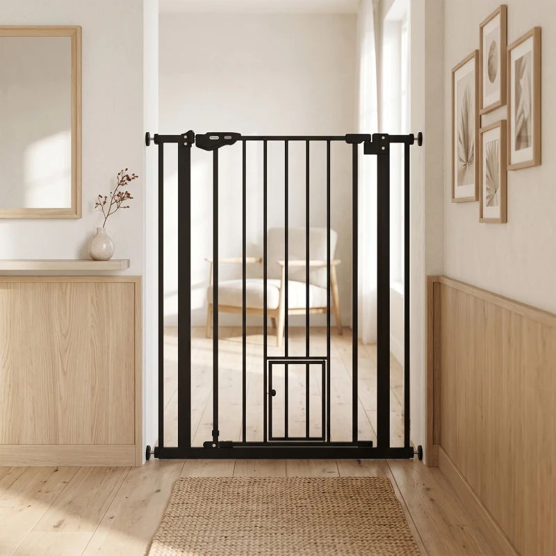 PawHut Extra Tall Pet Gate, Indoor Dog Safety Gate, with Cat Flap, Auto Close, 74-80cm Wide - Black