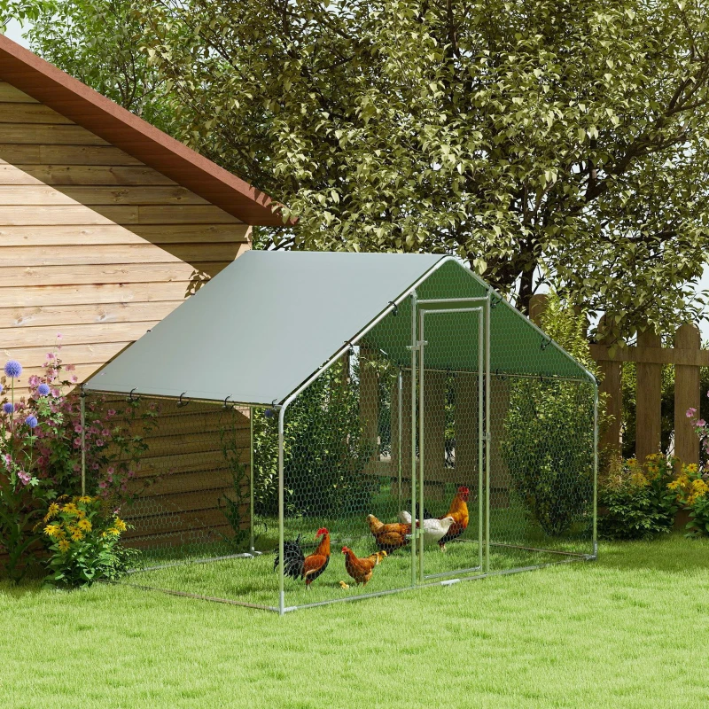 PawHut Kippenren voor 5-8 kippen, dakzeil, vergrendelbare deur, stalen frame, 5,1 m², 3 x 1,7 x 1,9 m