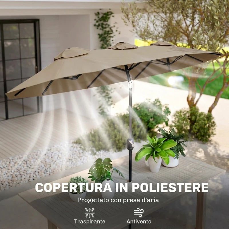 Outsunny Ombrellone da Giardino Doppio Inclinabile con Apertura a Manovella, 295x152x222 cm, Cachi