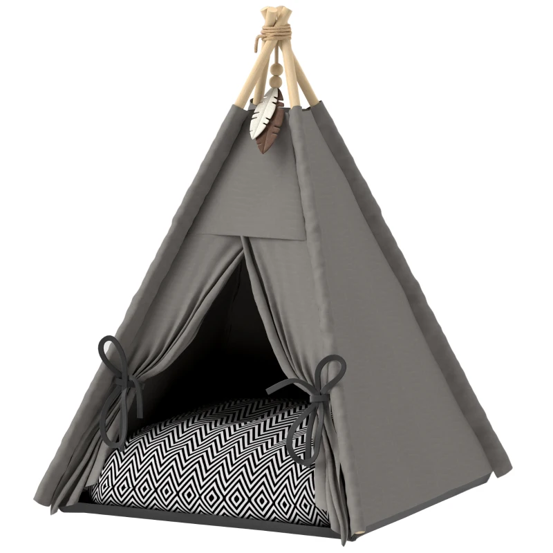 PawHut Tipi-tent voor huisdieren, dierenbed in tipi-design, kattentent met kussen, hondenbed om in te slapen, kattenbed, Grijs